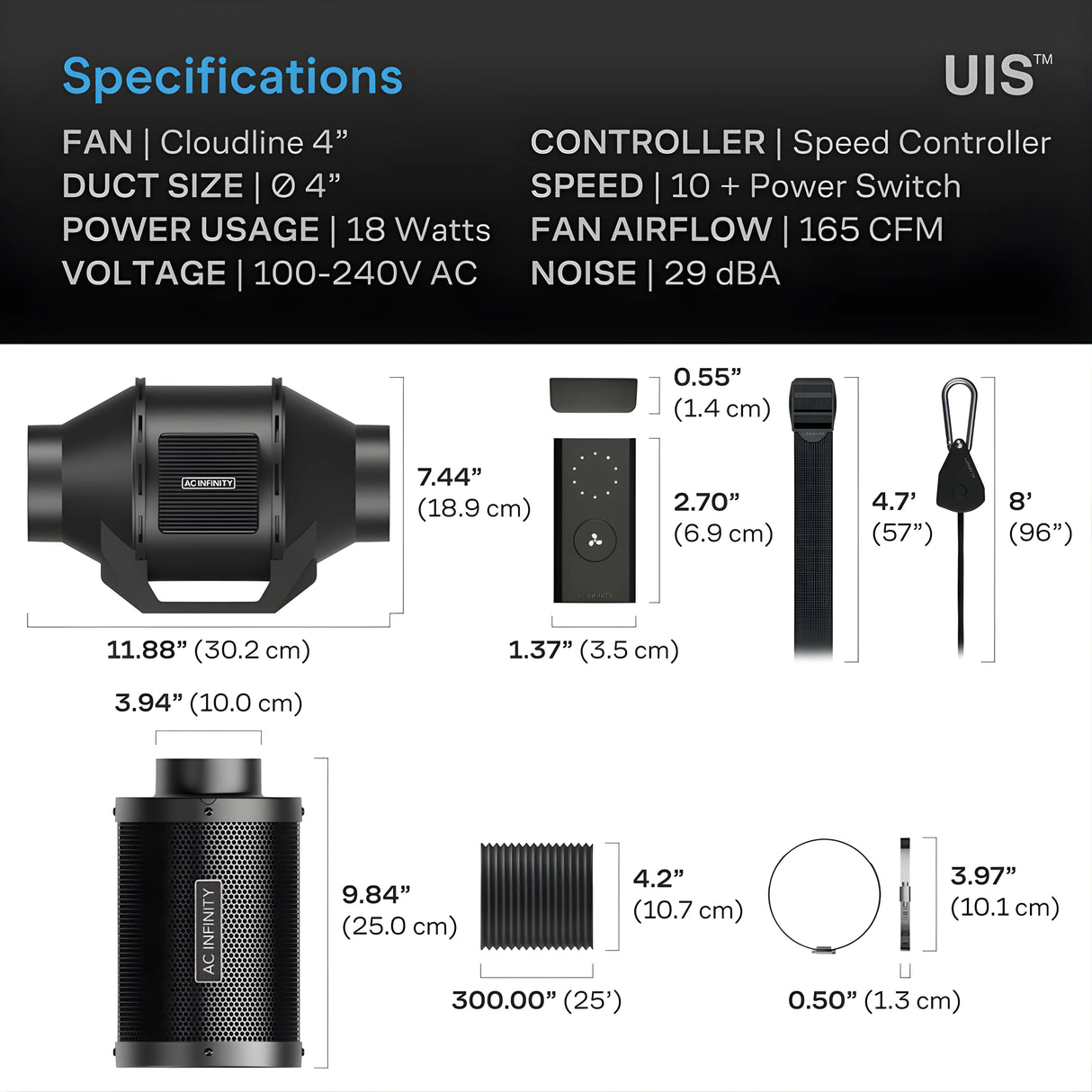 AC Infinity Air Filtration Kit 4”, Inline Fan With Speed Controller, Carbon Filter & Ducting Combo
