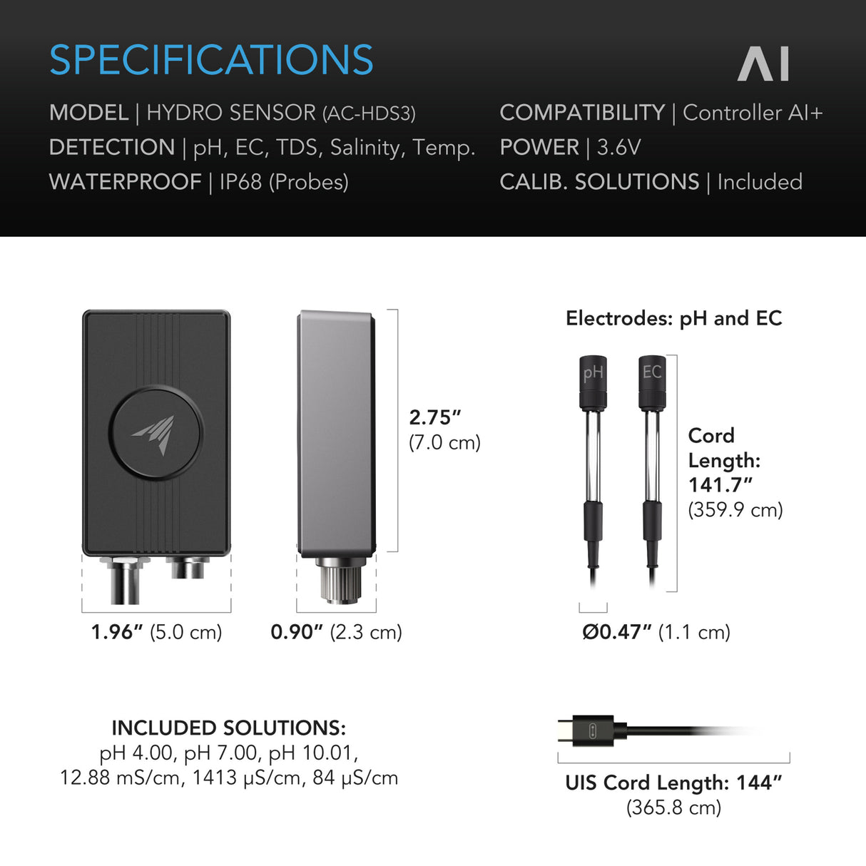 AC Infinity AI Hydro Sensor for PH & EC (AC-HDS3)