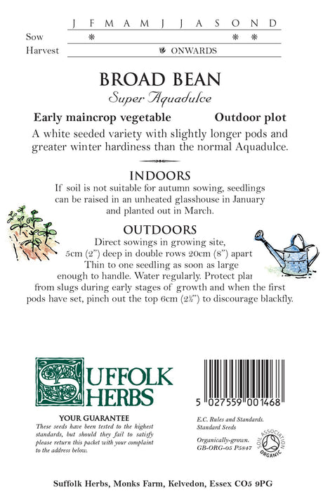 Broad Bean Organic Seeds-  Super Aquadulce