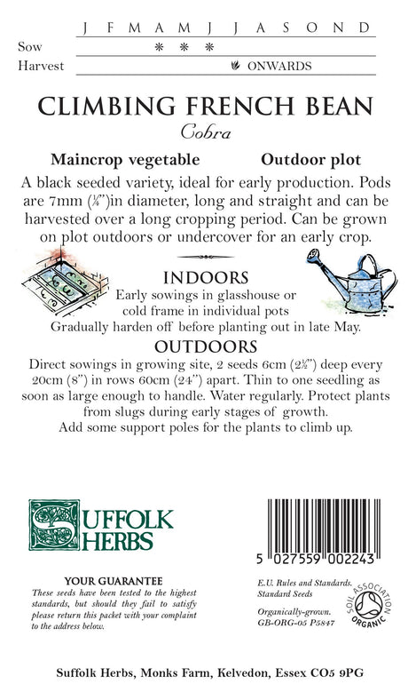 Climbing French Bean Organic Seeds - Cobra -