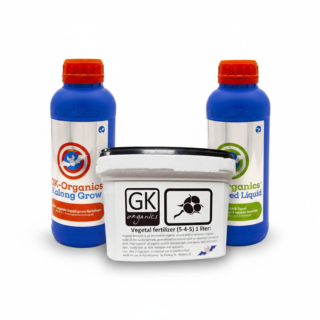 GK Organics Full Veg Bundle – Kalong Grow, Vegetal Fertiliser and GK Organics Seaweed Liquid on white background
