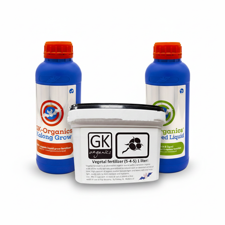 GK Organics Full Veg Bundle – Kalong Grow, Vegetal Fertiliser and GK Organics Seaweed Liquid on white background