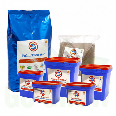 GK Organics Soil Amendment Bundle – Palm Tree Ash, Black Pellets, Complete Organics and Lava Worm Powder on white background