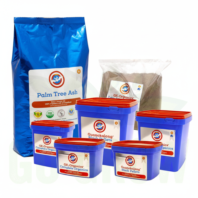 GK Organics Soil Amendment Bundle – Palm Tree Ash, Black Pellets, Complete Organics and Lava Worm Powder on white background