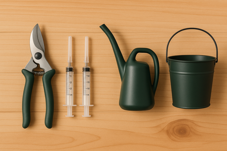 Plant growing tools as prunning shears, syringes, jugs and buckets
